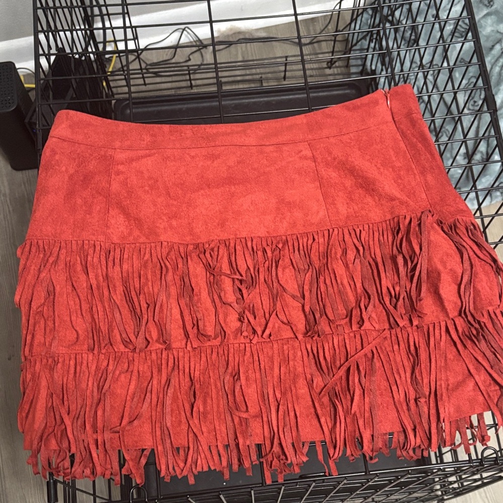 Fringed Red Suede Skirt
